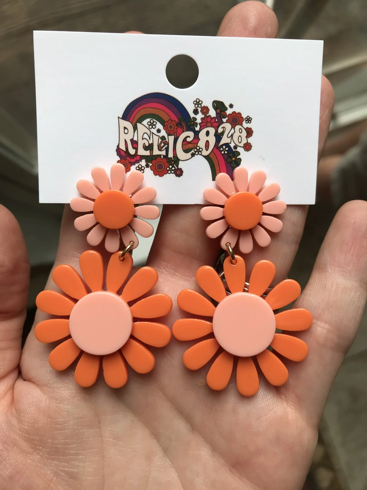 60s Blush Pink and Orange Flower Power Mod Earrings - Image 3
